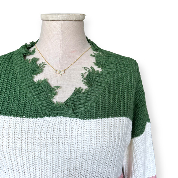 SAKS FIFTH AVENUE Colorblock Frayed Hem Sweater V-Neck Knit Pink Green Yellow - Picture 2 of 9